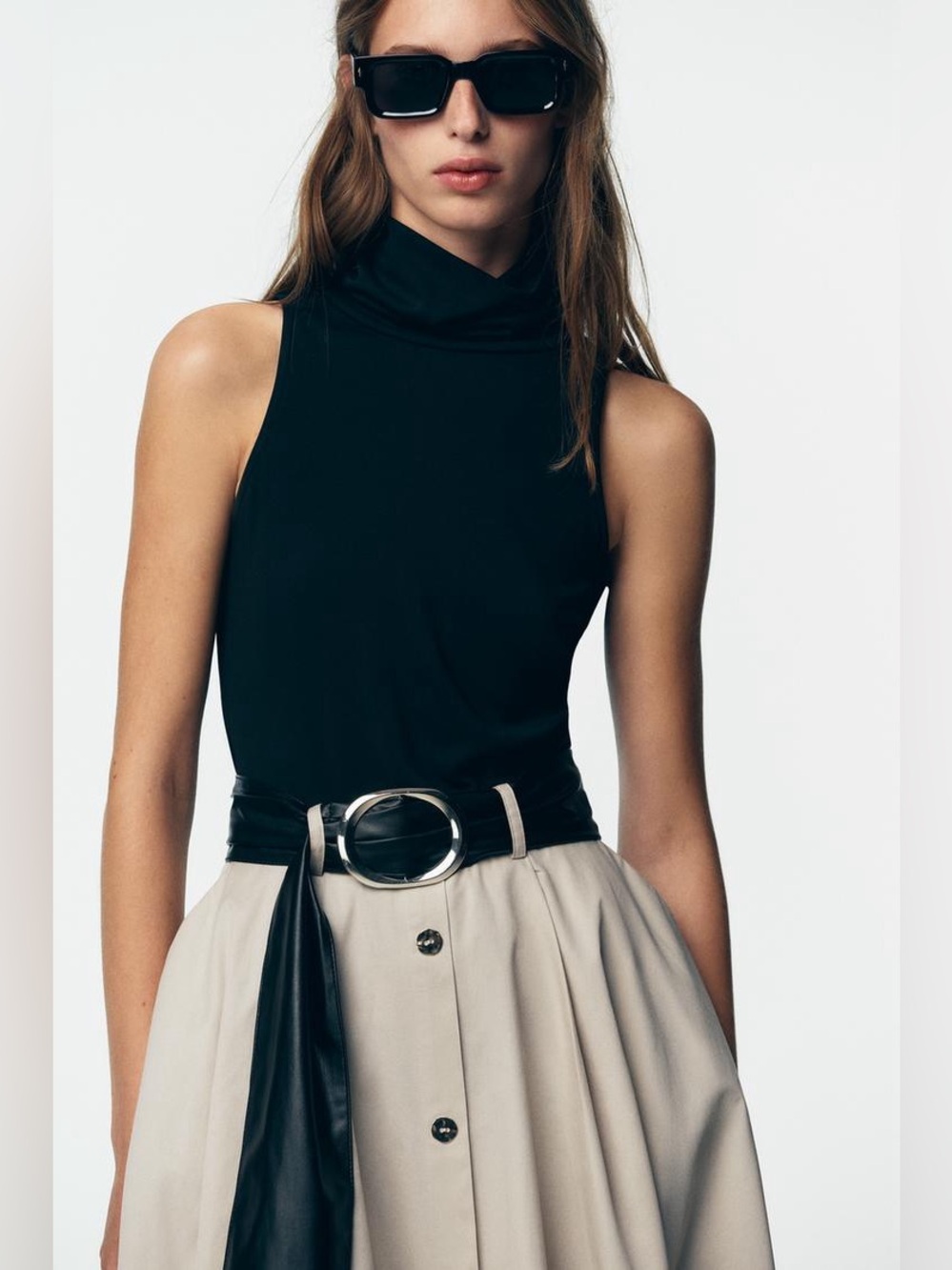 Zara Belt Combination Dress One Piece High Neck Black Ecru Trench Like Cotton L